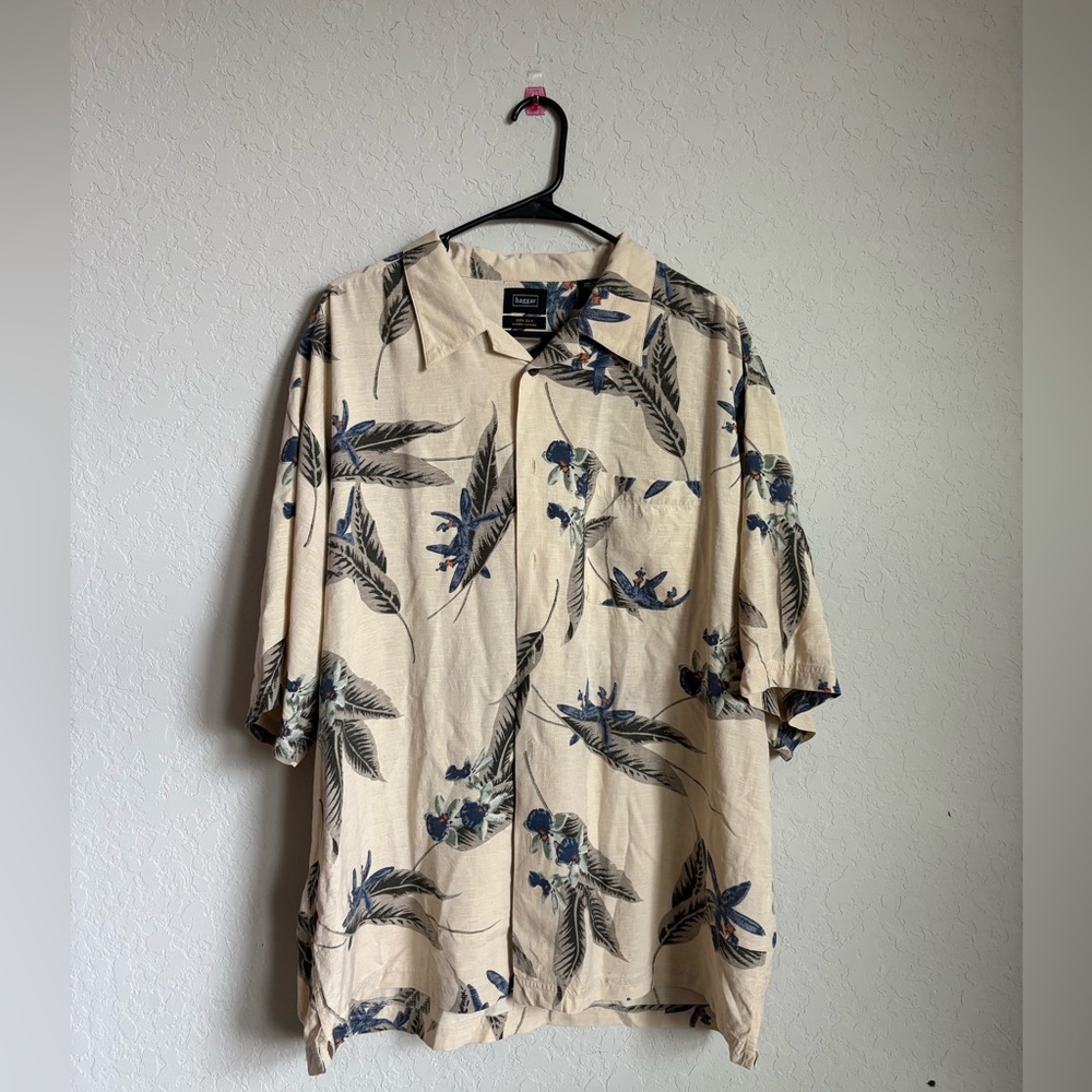 Haggar Silk Tan Short sleeve button up shirt mens XXL Hawaiian vacation casual